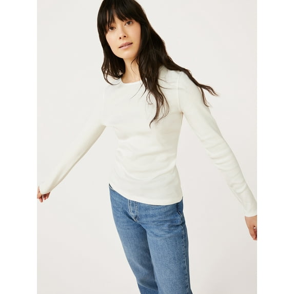Free Assembly Women's Ribbed Crewneck Top with Long Sleeves