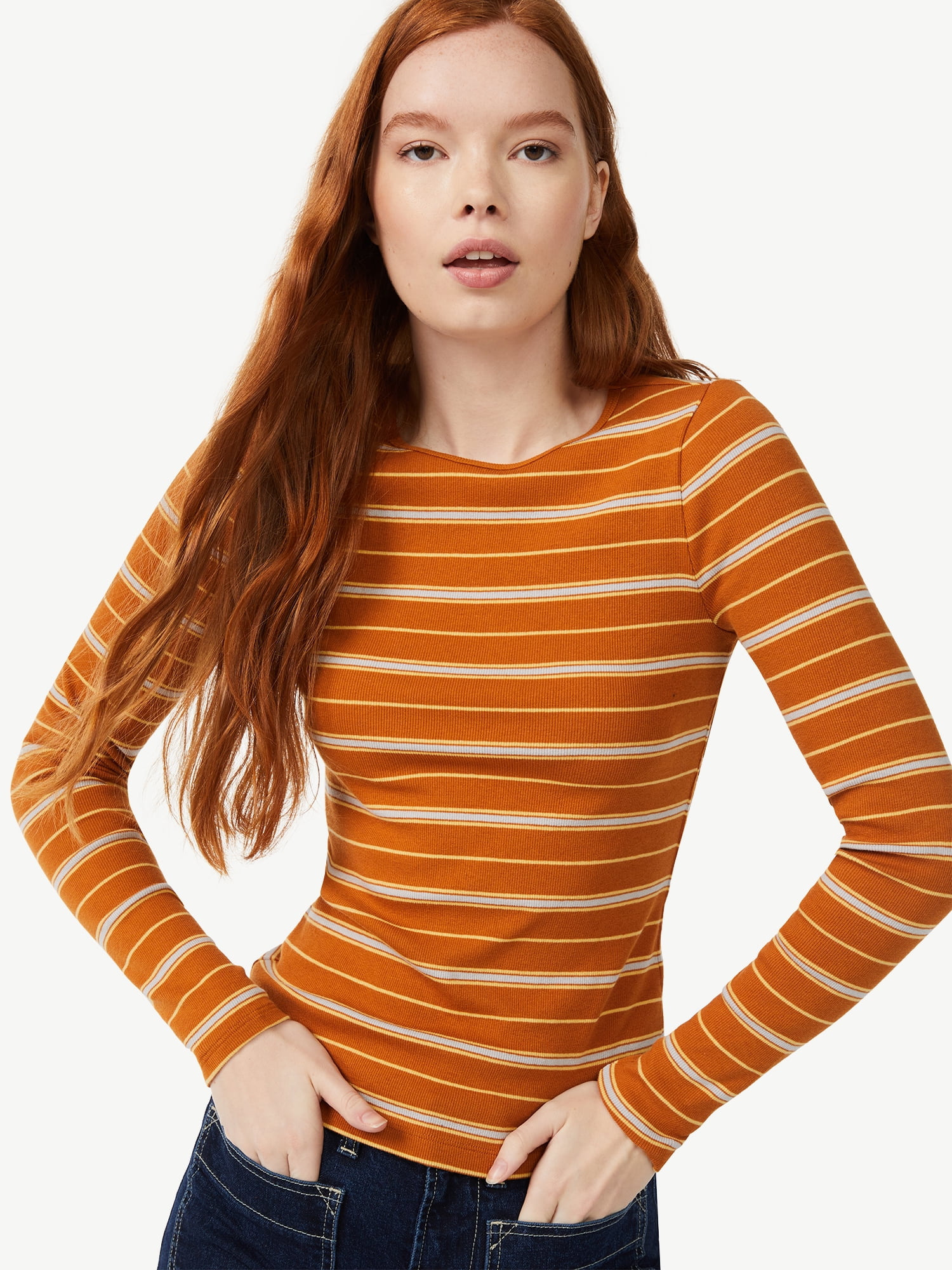 Free Assembly Women's Ribbed Crewneck Top with Long Sleeves