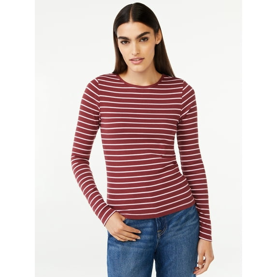 Free Assembly Women's Ribbed Crewneck Top with Long Sleeves