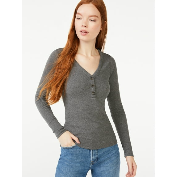 Free Assembly Women's Ribbed Henley Tee with Long Sleeves