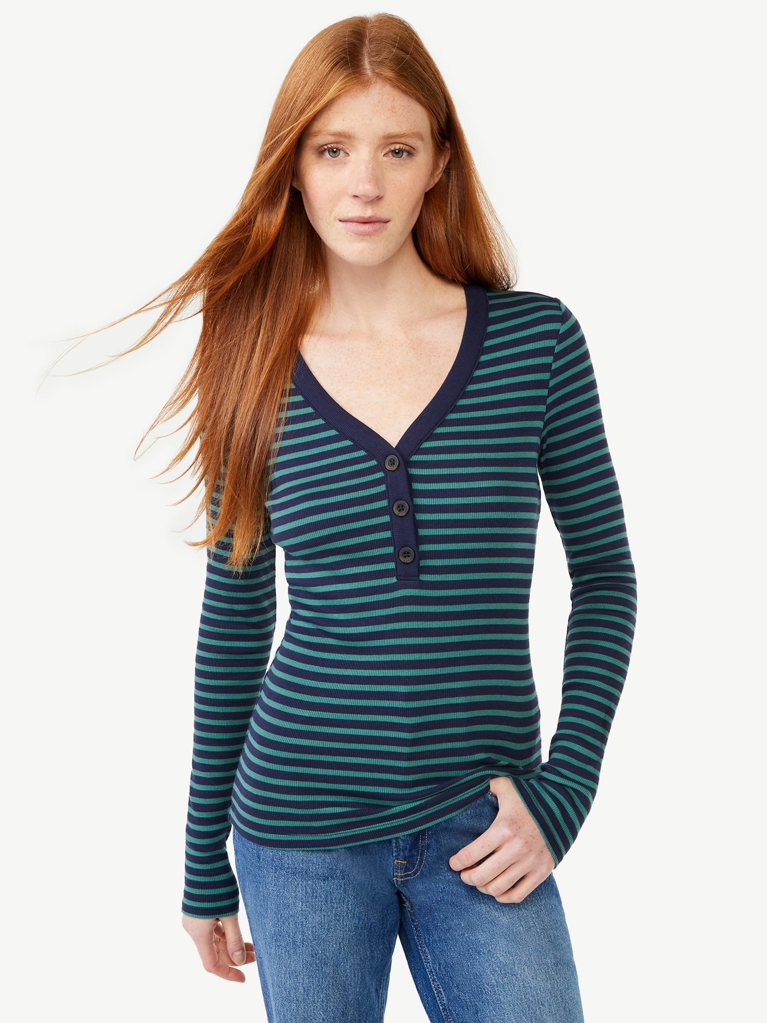 Free Assembly Women's Ribbed Henley Tee with Long Sleeves