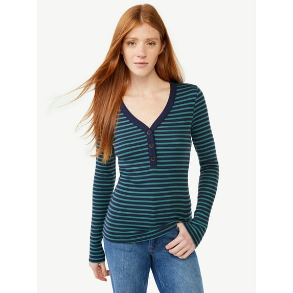 Free Assembly Women's Ribbed Henley Tee with Long Sleeves