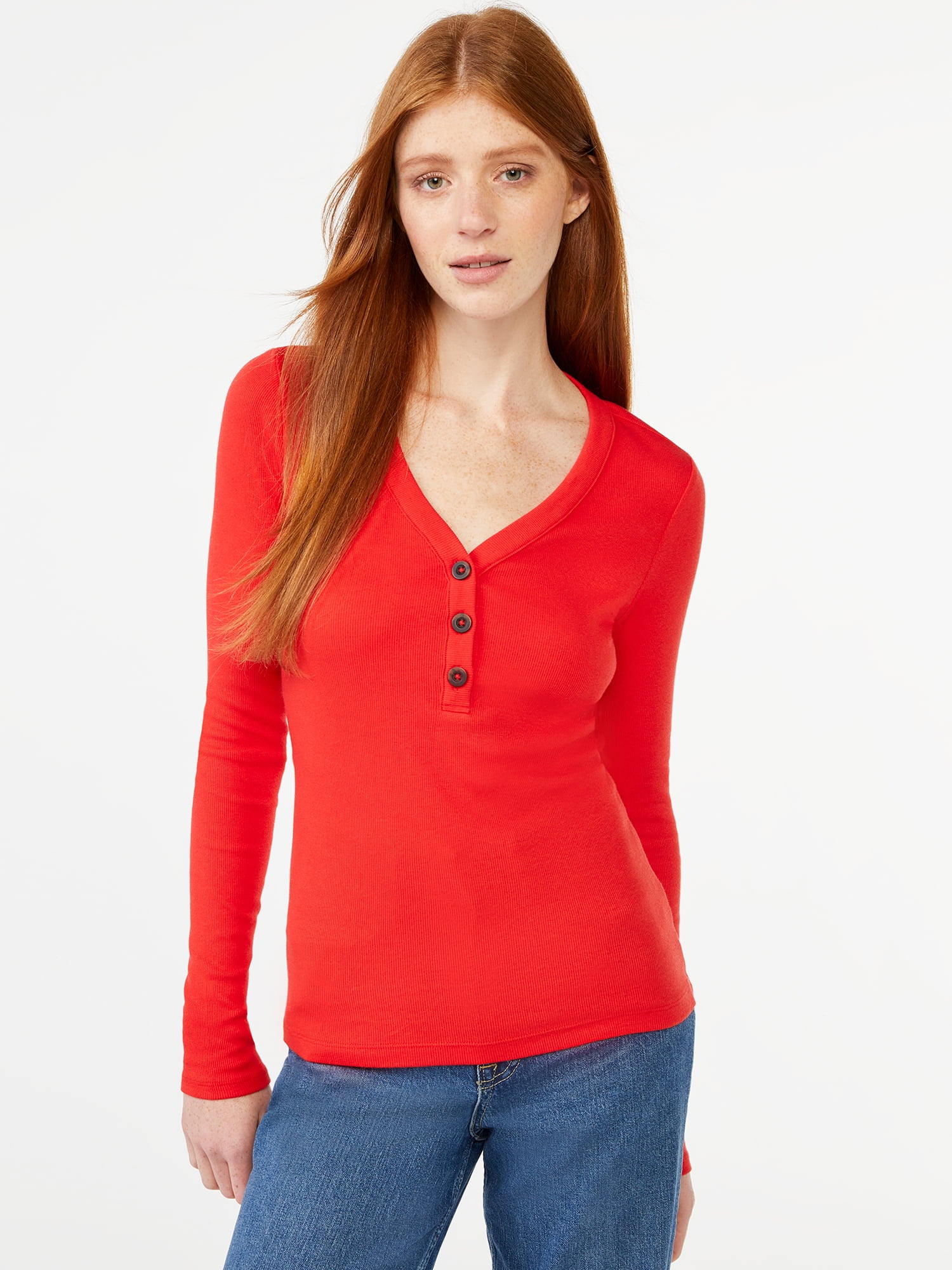 Free Assembly Women's Ribbed Henley Tee with Long Sleeves