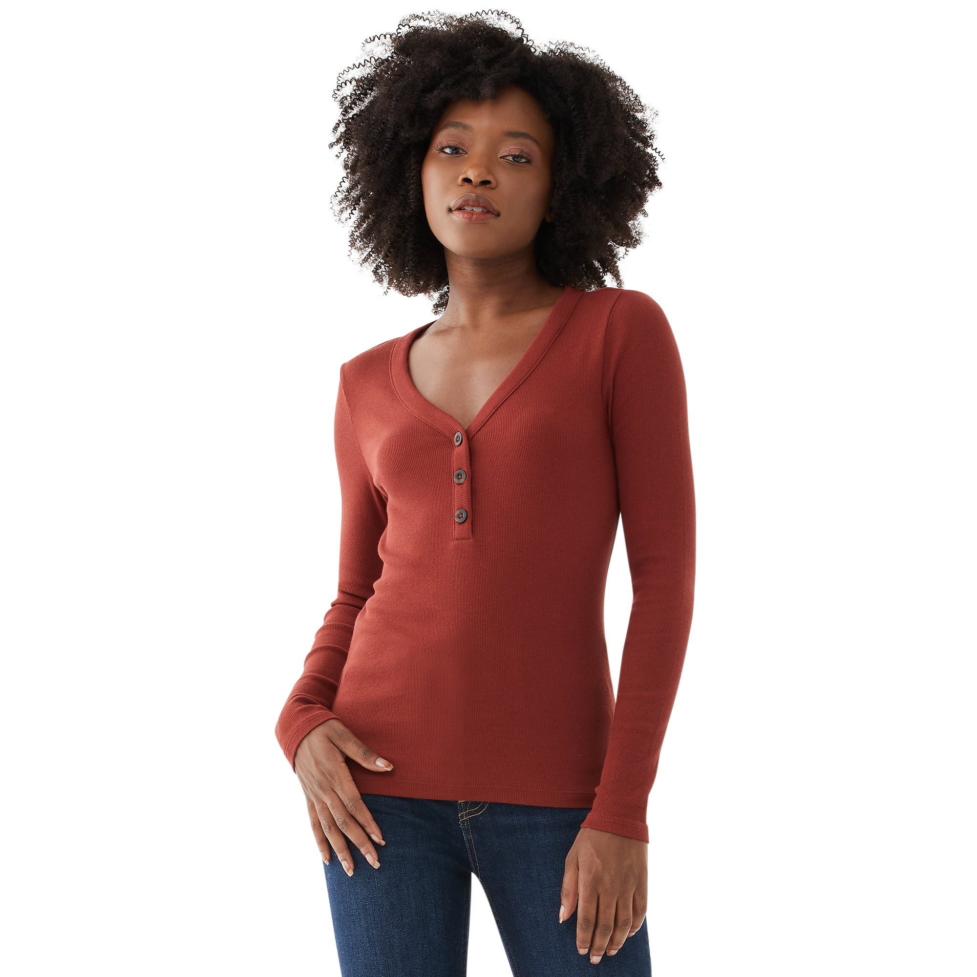 Free Assembly Women's Ribbed Henley Tee with Long Sleeves - Walmart.com