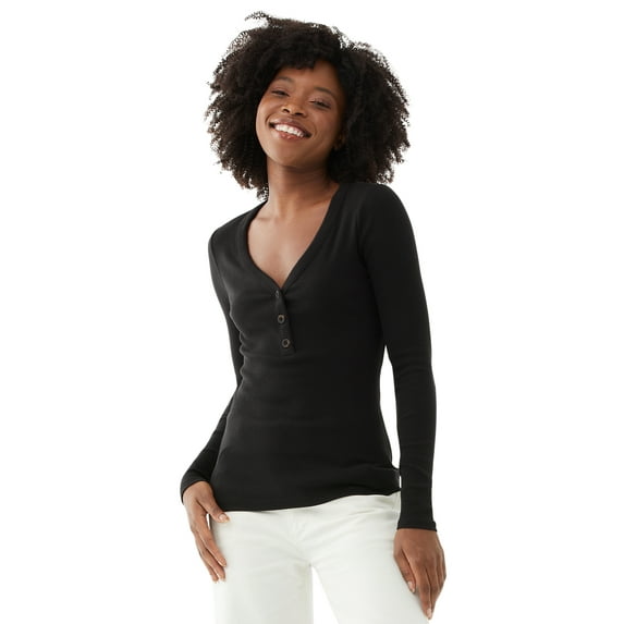 Free Assembly Women's Ribbed Henley Tee with Long Sleeves