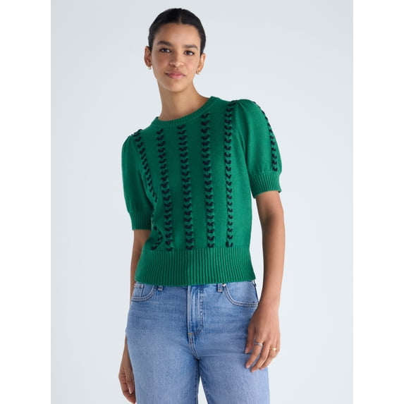 Free Assembly Women's Ribbon Cable Knit Sweater with Short Sleeves, Lightweight, Sizes XS-XXL