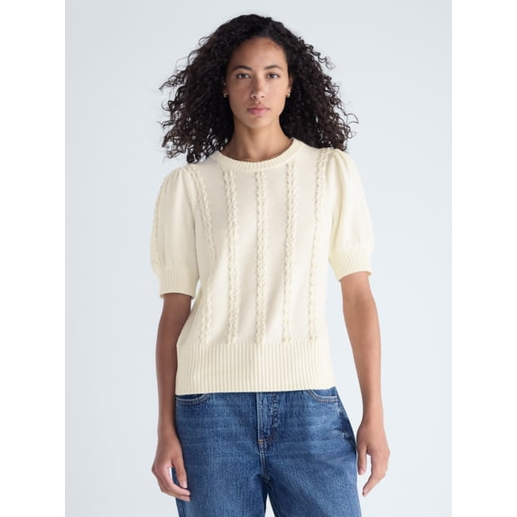 Free Assembly Women's Ribbon Cable Knit Sweater with Short Sleeves, Lightweight, Sizes XS-XXL