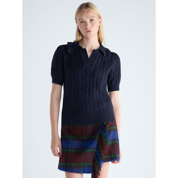 Free Assembly Women's Ruffle Collar Sweater with Short Sleeves, Midweight, Sizes XS-XXL