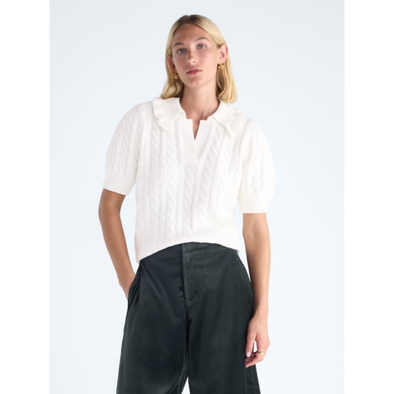 Free Assembly Women's Ruffle Collar Sweater with Short Sleeves, Midweight, Sizes XS-XXL
