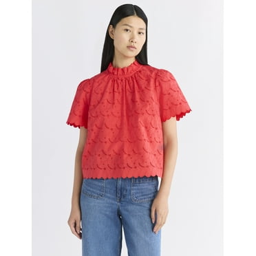 Free Assembly Women's Ruffle Cotton Eyelet Top with Short Sleeves, Sizes XS-4X