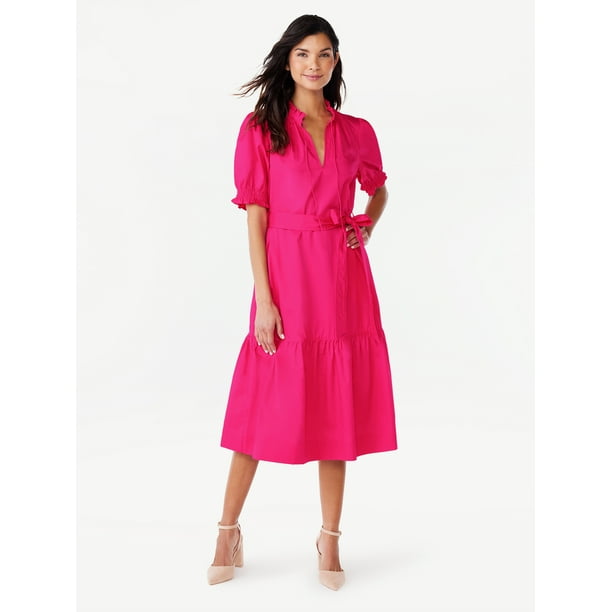 Free Assembly Women's Ruffle Neck Belted Midi Dress with Short Sleeves