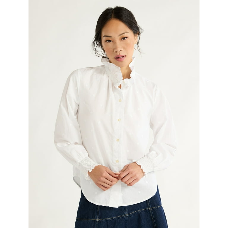 Free Assembly Women's Ruffle Neck Cotton Blouse, XS-XXL
