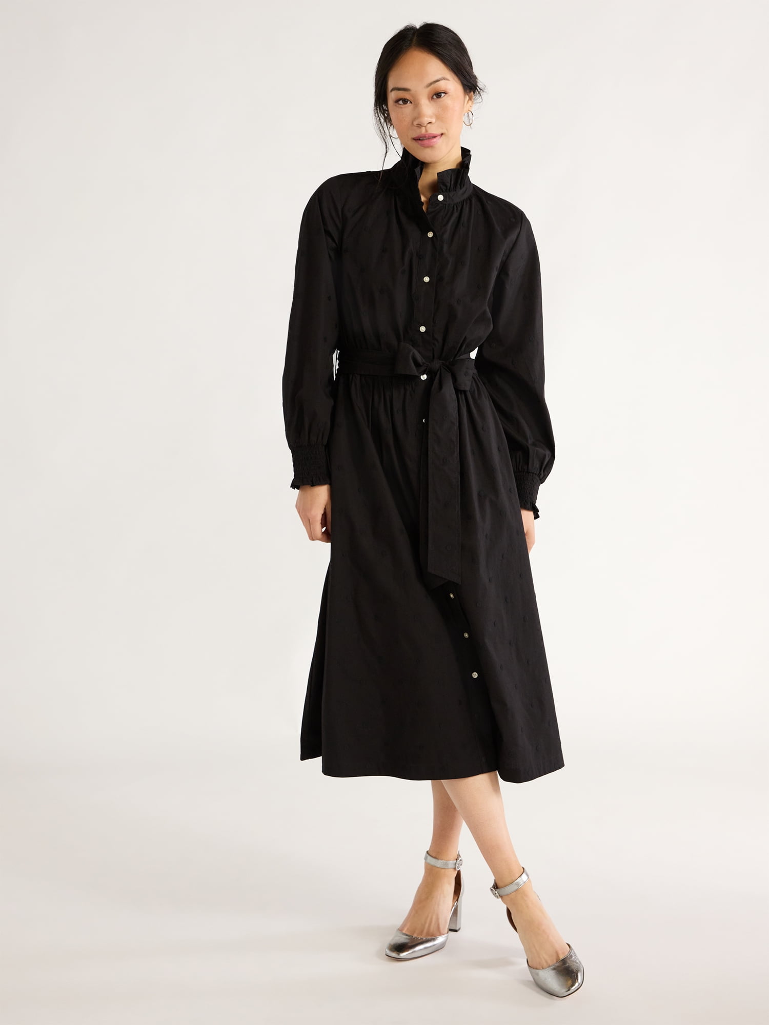 Free Assembly Women's Ruffle Neck Cotton Embroidered Midi Dress, Sizes XS-XXL