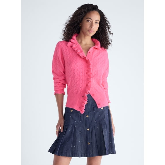 Free Assembly Women's Ruffle Neck Pointelle Cardigan Sweater, Midweight, Sizes XS-XXL