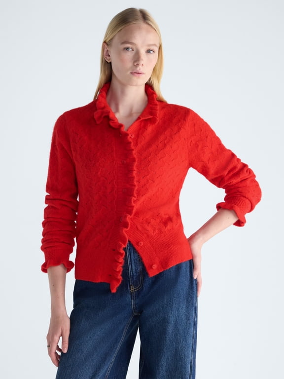 Women's Ruffle Neck Pointelle Cardigan Sweater, Midweight, Sizes XS-XXL