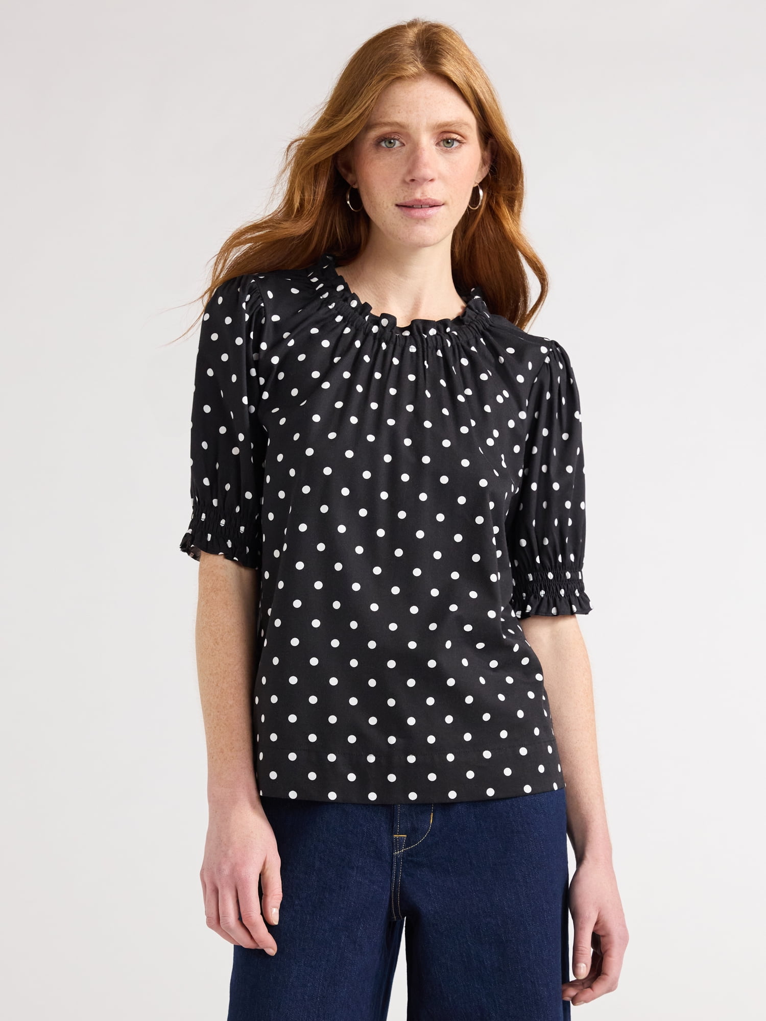 Top Femme J.T.B. Marine à Pois Blancs, Taille S - Dos Noué, Manches 3/4, Effet Transparent