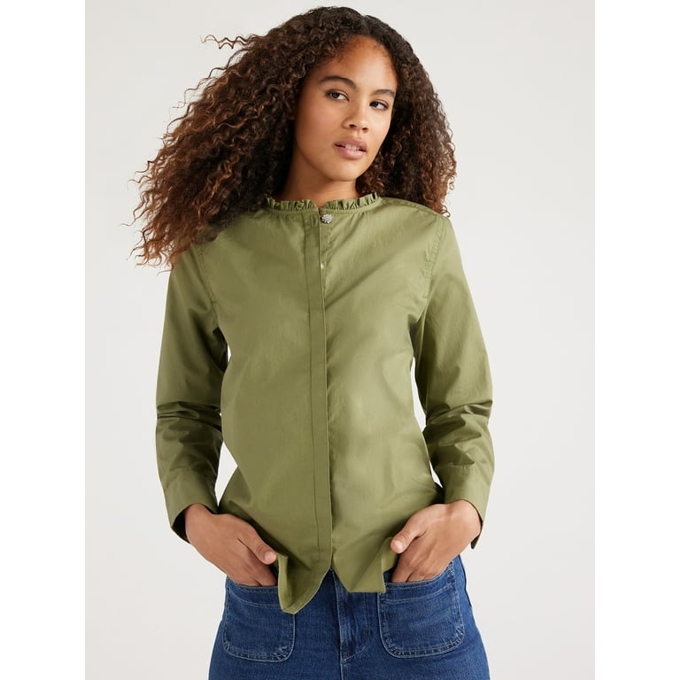 Free Assembly Women’s Ruffle Neck Shirt with Long Sleeves, Sizes