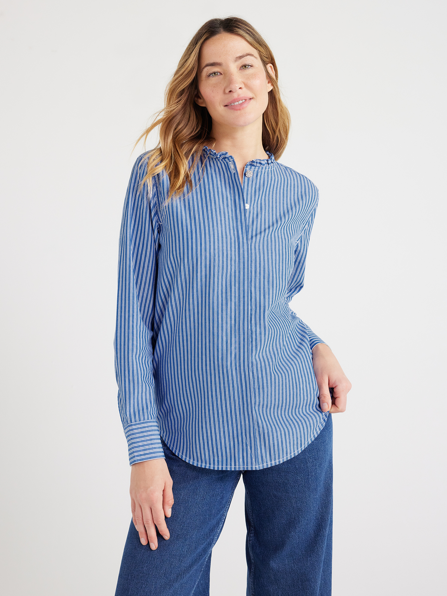 Free Assembly Womens Ruffle Neck Shirt with Long Sleeves, Sizes Xs-xxl