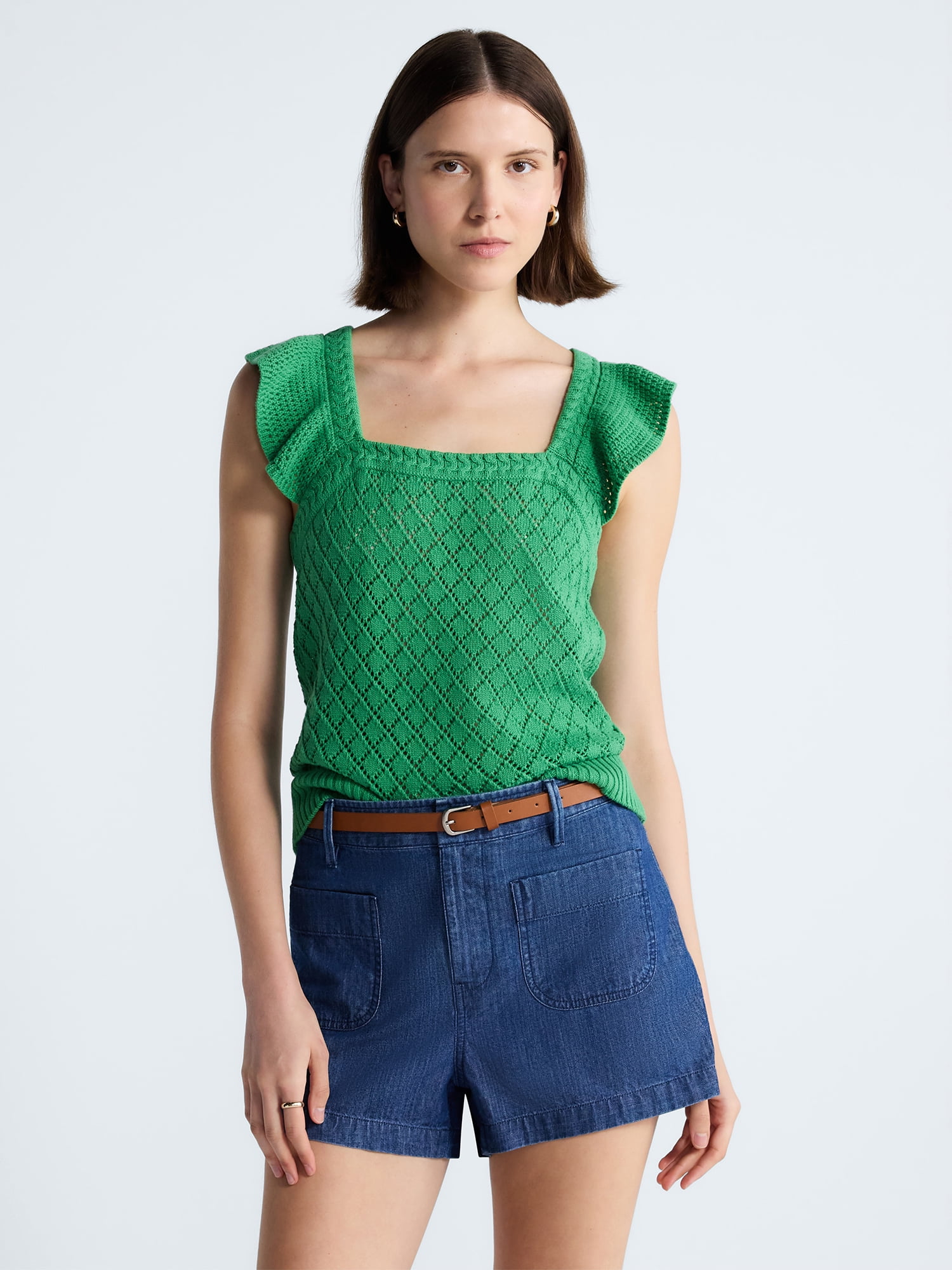 Free Assembly Women's and Women's Plus Square Neck Cotton Sweater with Flutter Sleeves, Sizes XS-4X