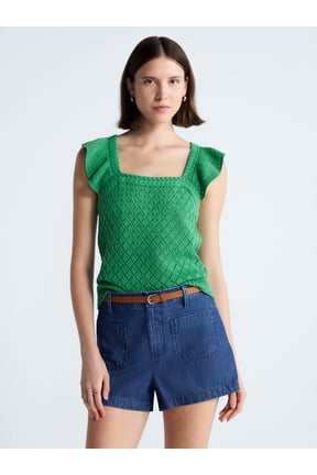 Women's and Women's Plus Square Neck Cotton Sweater with Flutter Sleeves, Sizes XS-4X