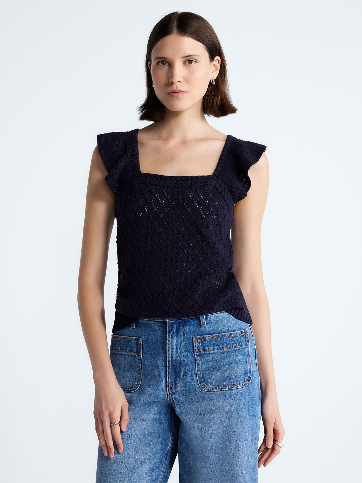 Free Assembly Women's and Women's Plus Square Neck Cotton Sweater with Flutter Sleeves, Sizes XS-4X