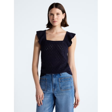 Free Assembly Women's and Women's Plus Square Neck Cotton Sweater with Flutter Sleeves, Sizes XS-4X