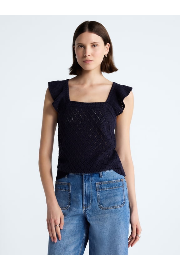 Women's and Women's Plus Square Neck Cotton Sweater with Flutter Sleeves, Sizes XS-4X