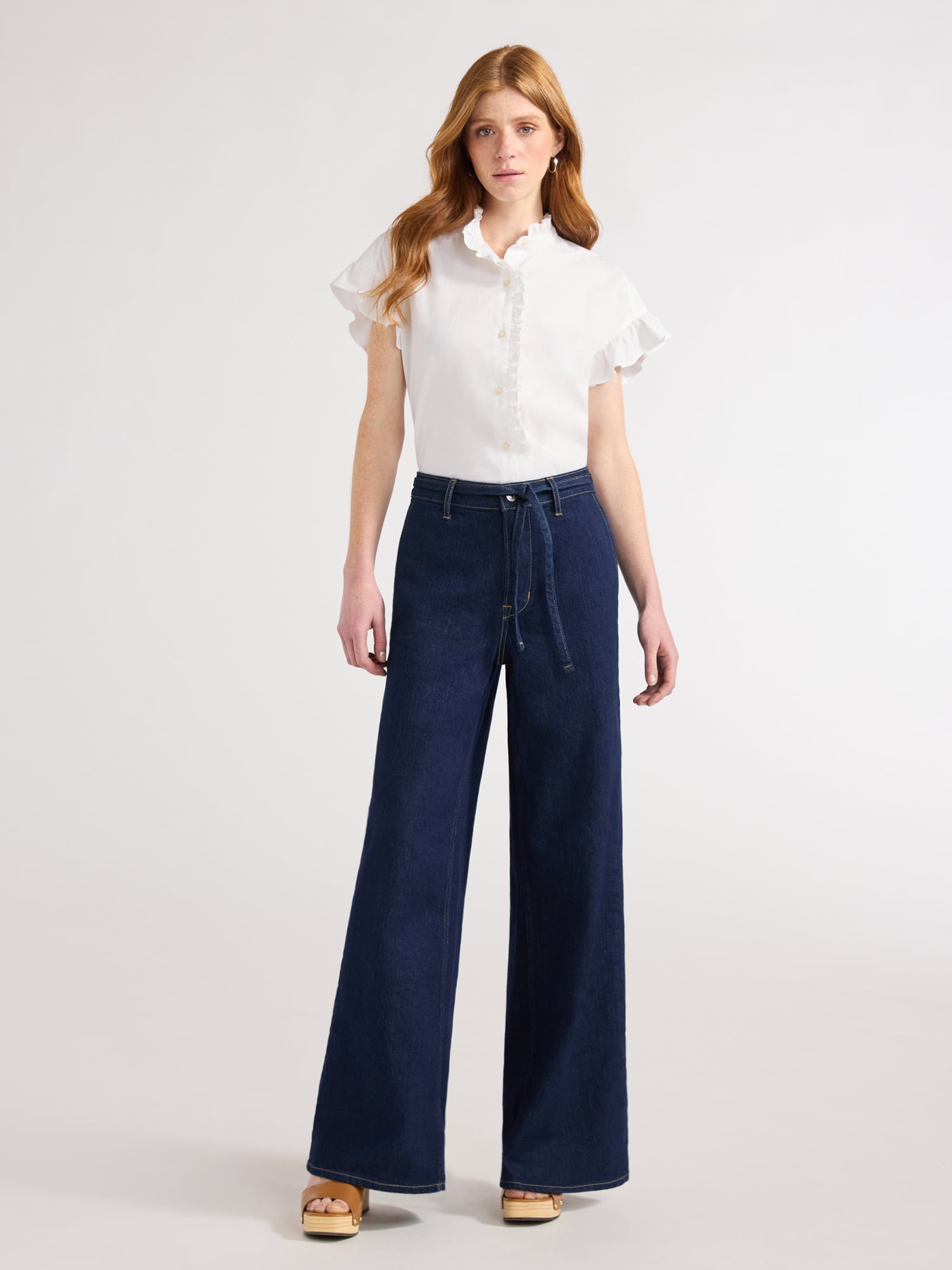 Free Assembly Women's and Women's Plus Ruffle Trim Neck Top with Short Sleeves, Sizes XS-4X