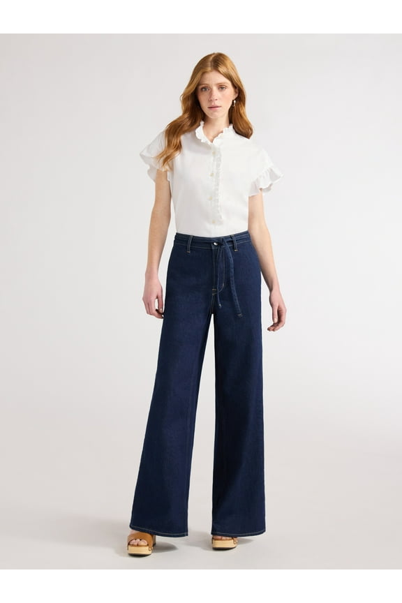 Women's and Women's Plus Ruffle Trim Neck Top with Short Sleeves, Sizes XS-4X