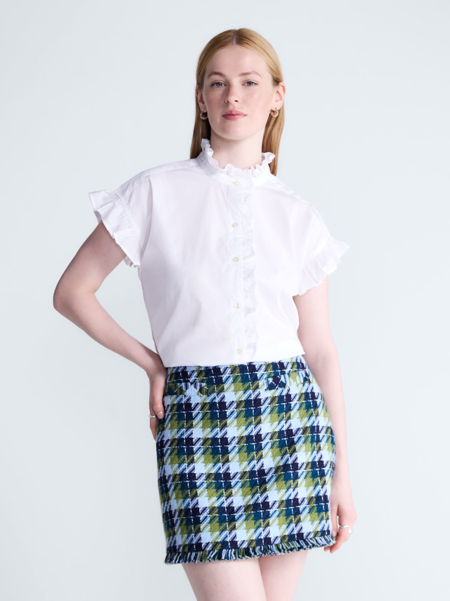 Women's and Women's Plus Ruffle Trim Neck Top with Short Sleeves, Sizes XS-4X