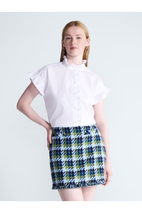Women's and Women's Plus Ruffle Trim Neck Top with Short Sleeves, Sizes XS-4X