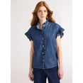 thumbnail image 1 of Free Assembly Women's and Women's Plus Ruffle Trim Neck Top with Short Sleeves, Sizes XS-4X, 1 of 5