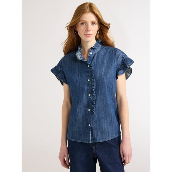 Free Assembly Women's and Women's Plus Ruffle Trim Neck Top with Short Sleeves, Sizes XS-4X