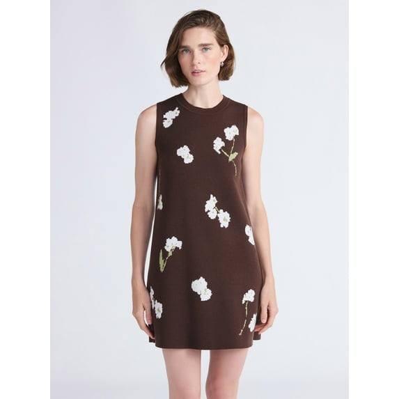 Free Assembly Women's and Women's Plus Sleeveless Floral Jacquard Mini Sweater Dress, Sizes XS-4X