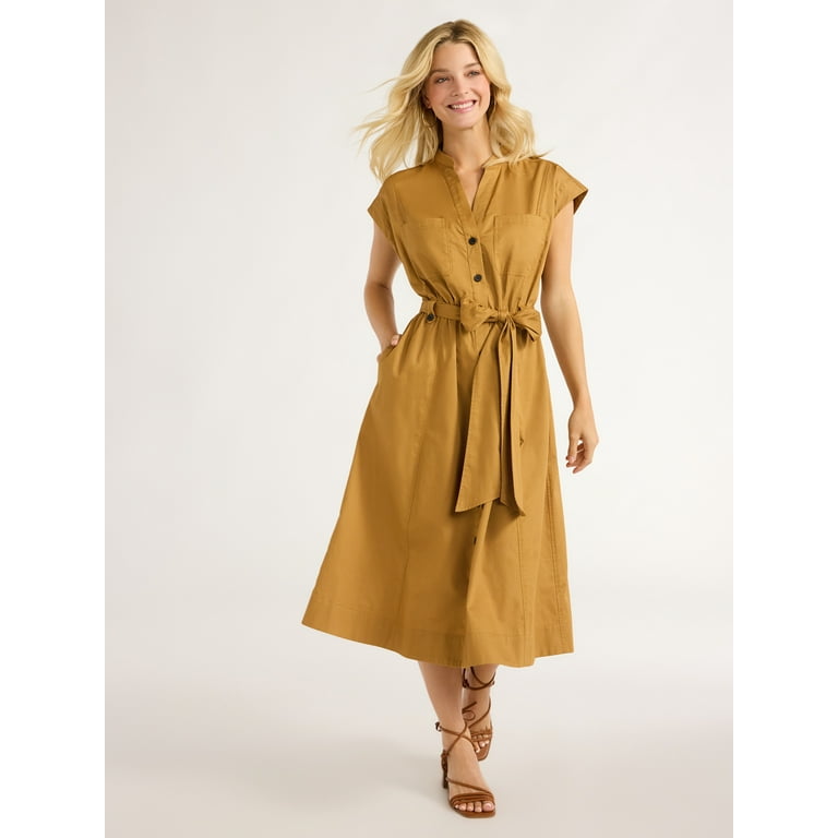 Free Assembly Women s Belted Cotton Utility Midi Dress Sizes XS XXL Walmart