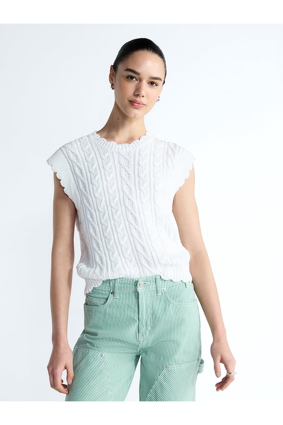 Women's Scalloped Cable Knit Cotton Vest, Sizes XS-XXL