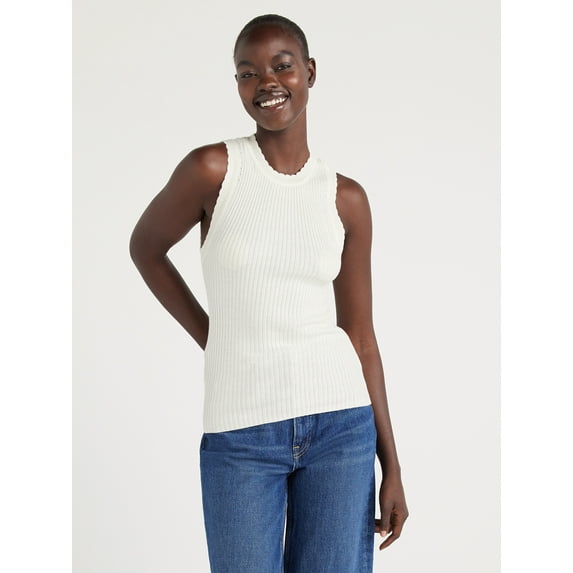 Free Assembly Women’s Scallop Trim Sleeveless Sweater, Lightweight, Sizes XS-XXL