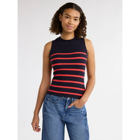 Free Assembly Women’s Scallop Trim Sleeveless Sweater, Lightweight, Sizes XS-XXXL