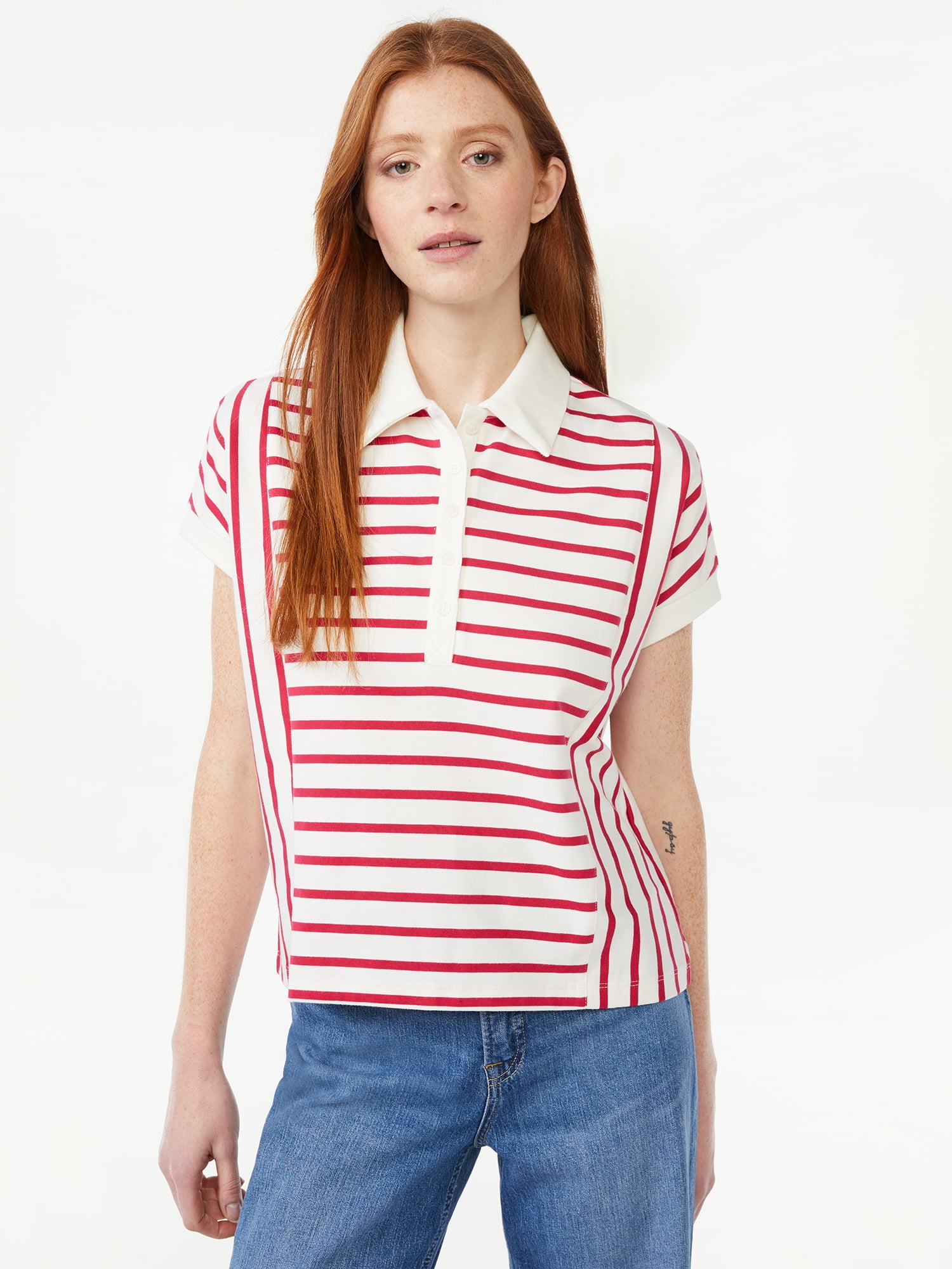 Free Assembly Women's Seamed Polo Shirt with Short Cap Sleeves ...