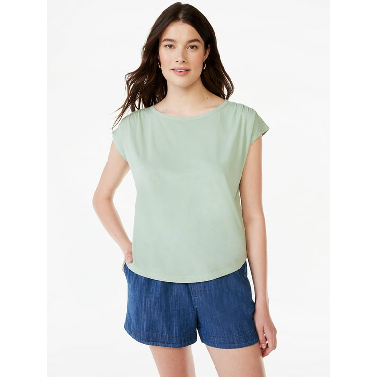 Free Assembly Women's Shirred Shoulder Tee with Short Sleeves, Sizes XS-XXXL