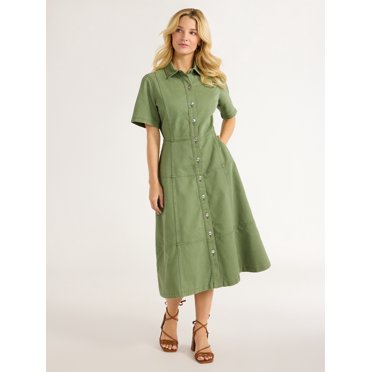 Free Assembly Women's Ruffle Neck Cotton Embroidered Midi Dress, Sizes