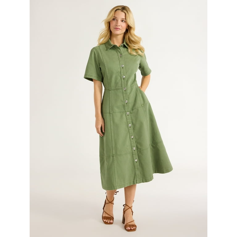 Free Assembly Women s Button Front Cotton Midi Dress with Short Sleeves XS XXL Walmart