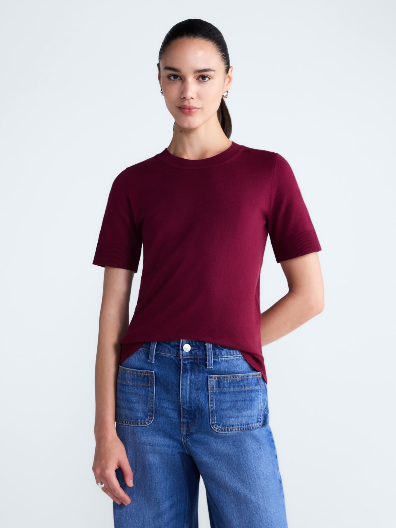 Free Assembly Women's and Women's Plus Cozy Yarn Sweater Tee with Short Sleeves, Sizes XS-4X