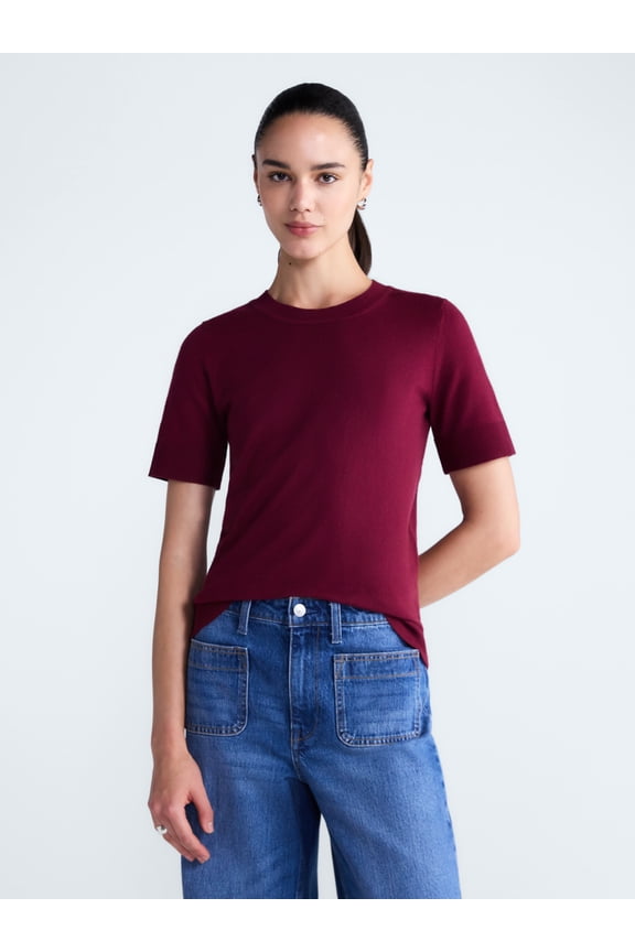 Women's and Women's Plus Cozy Yarn Sweater Tee with Short Sleeves, Sizes XS-4X