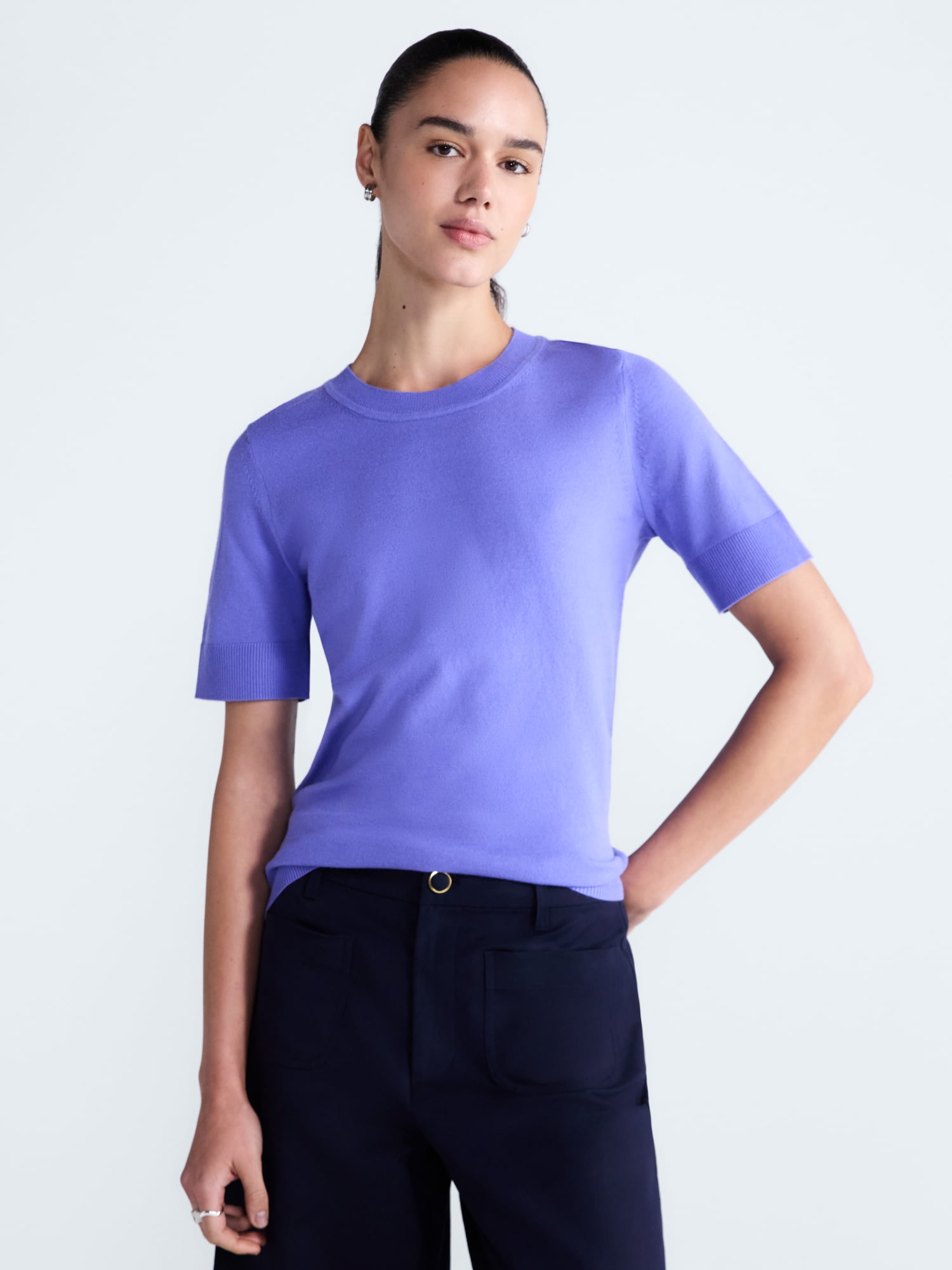 Free Assembly Women's and Women's Plus Cozy Yarn Sweater Tee with Short Sleeves, Sizes XS-4X