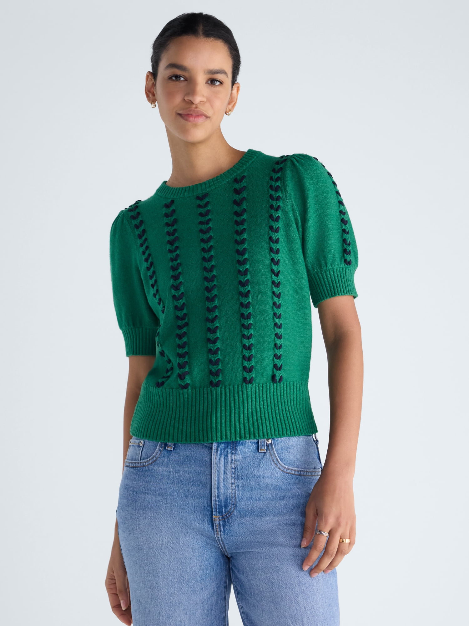 Women's Ribbon Cable Knit Sweater with Short Sleeves, Lightweight, Sizes XS-XXL