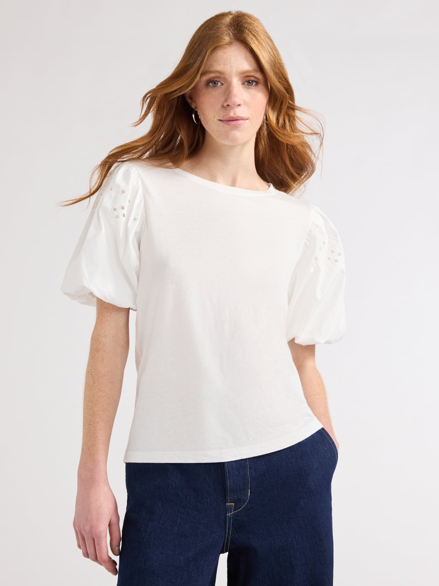 Free Assembly Women's T-Shirt with Embroidered Eyelet Sleeves, Sizes XS-XXL