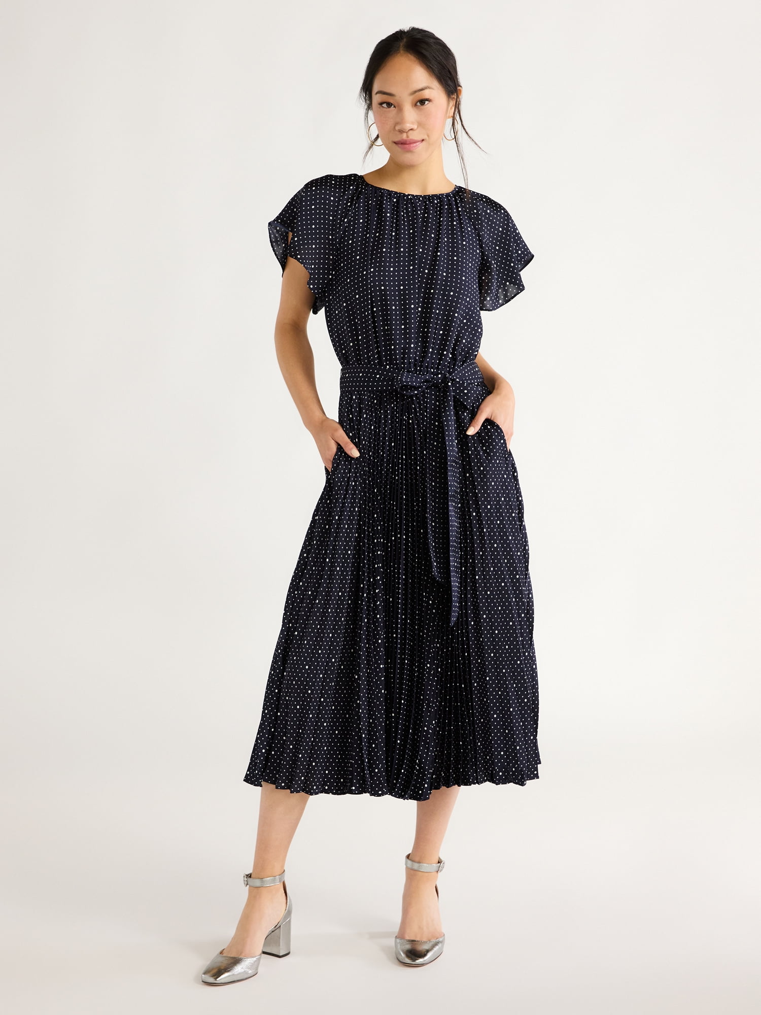 Free Assembly Women’s Pleated Midi Dress with Flutter Sleeves, Sizes XS-XXL
