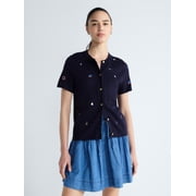 Women's and Women's Plus Embroidered Cardigan Sweater with Short Sleeves, Sizes XS-4X
