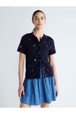 Women's and Women's Plus Embroidered Cardigan Sweater with Short Sleeves, Sizes XS-4X